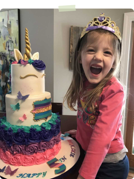 happy girl with a unicorn cake