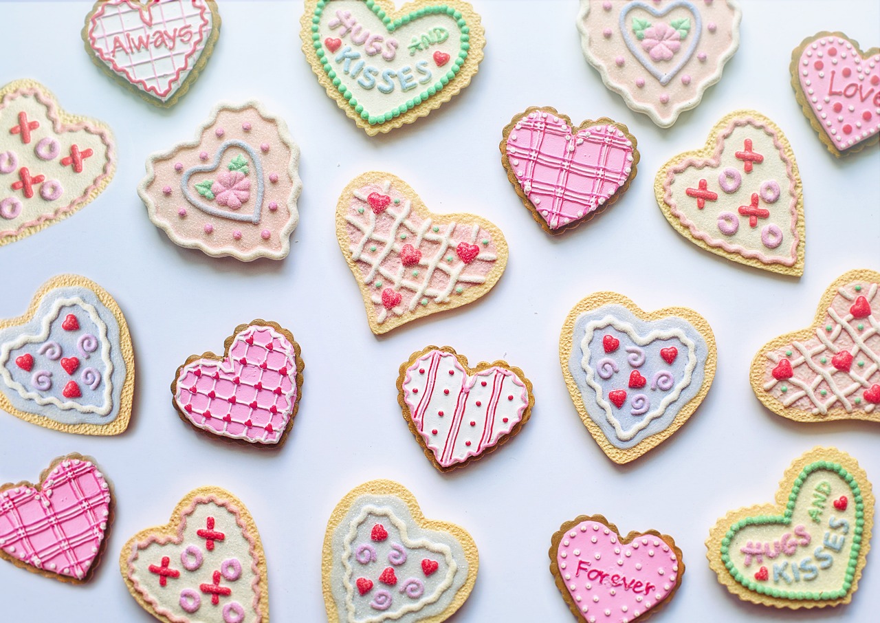 a batch of heart shaped cookies