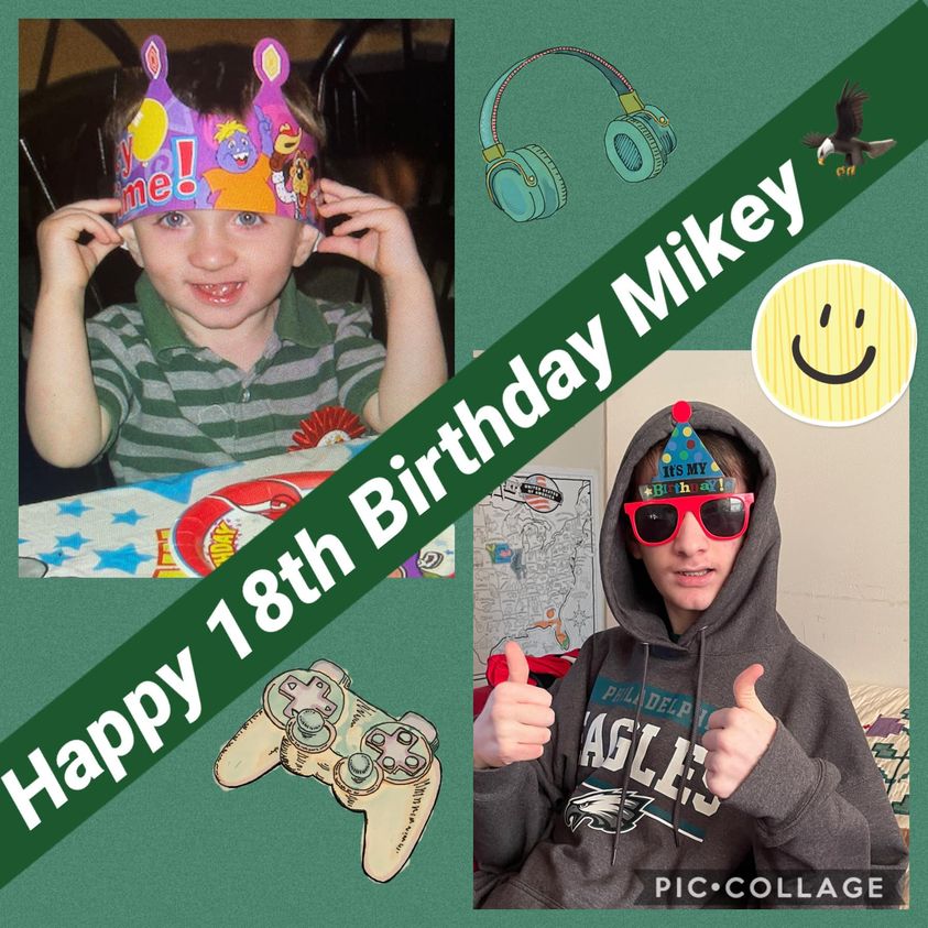 collage of Mikey as a young boy and as an eighteen year old with a green and white Happy 18th Birthday Mikey banner diagonally across