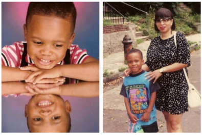 collage of a boy with his mother