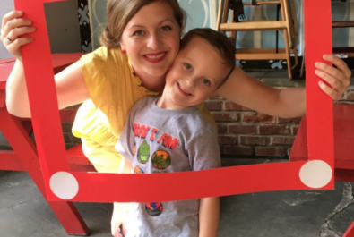 mother and son in a fake picture frame