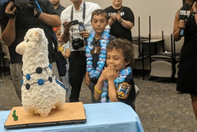 boy and a crowd of people with a llama cake