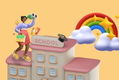 woman at a school with a rainbow