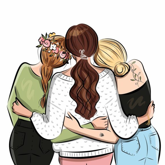 illustration of three women with arms around each other